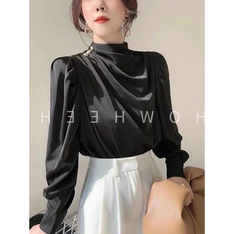 Áo Lụa Satin Đính Cúc Vai M104
