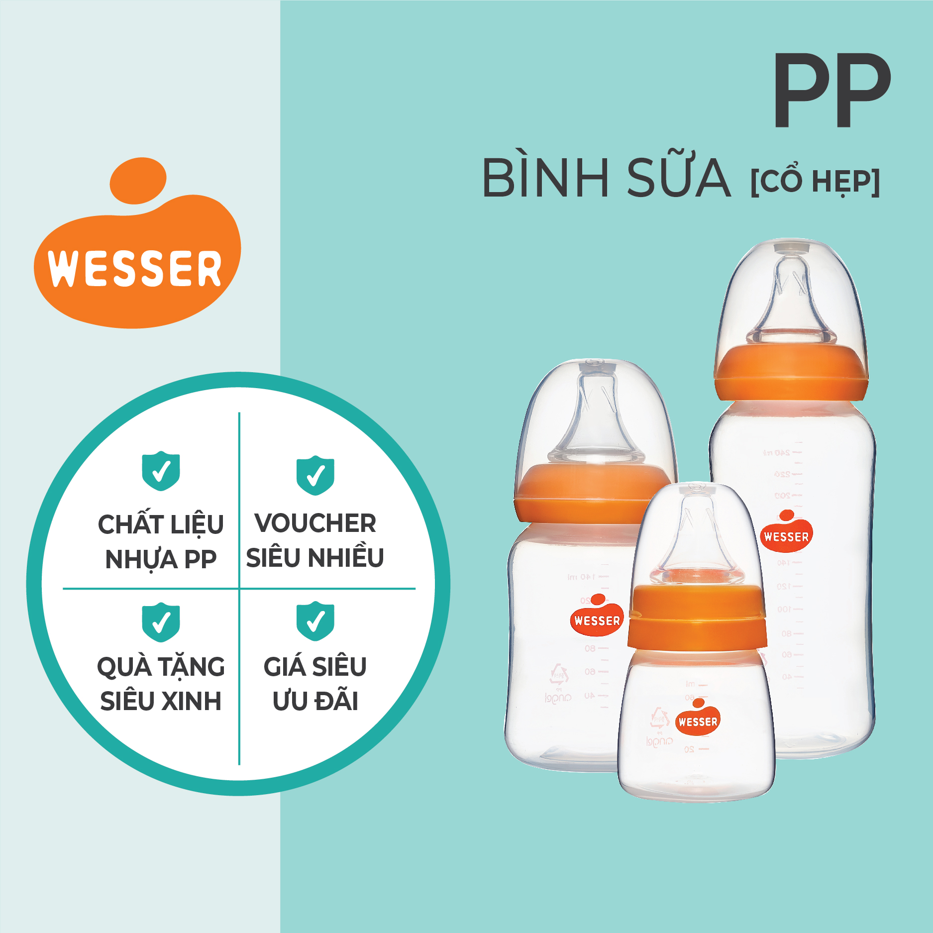 Bình sữa cổ hẹp PP Wesser 60ml/140ml/250ml