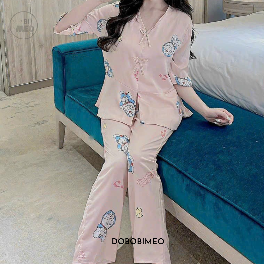 Đồ bộ ngủ pijama tiểu thư - quần dài lụa ngọc trai freesize < 60kg - dbb00069