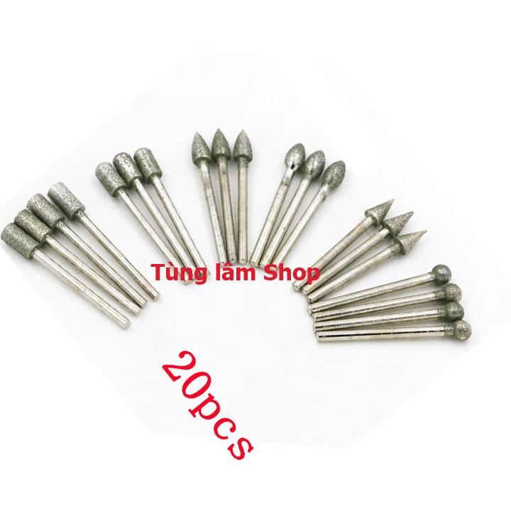 Bộ mũi mài đá mài ngọc chân 3ly dùng cho máy mài khắc mini - mũi mài phủ kim cương - bộ 20 mũi