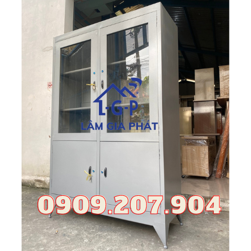 Tủ hồ sơ kính sắt sơn dầu đựng tài liệu giấy tờ xám ghi