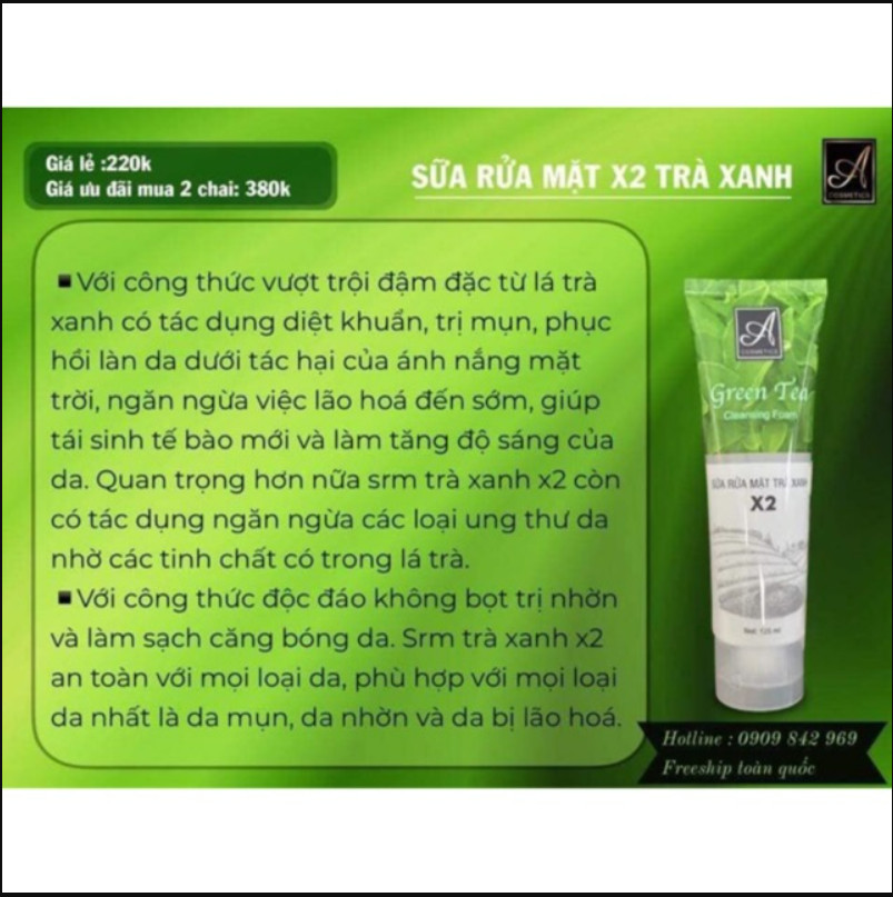 [Chính Hãng] Sữa Rửa Mặt Trà Xanh X2 Acosmetics Phương Anh