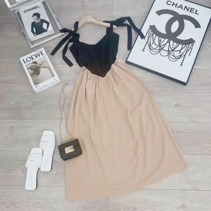 Đầm Xòe Hai Dây Buộc Nơ Vai Có Mút