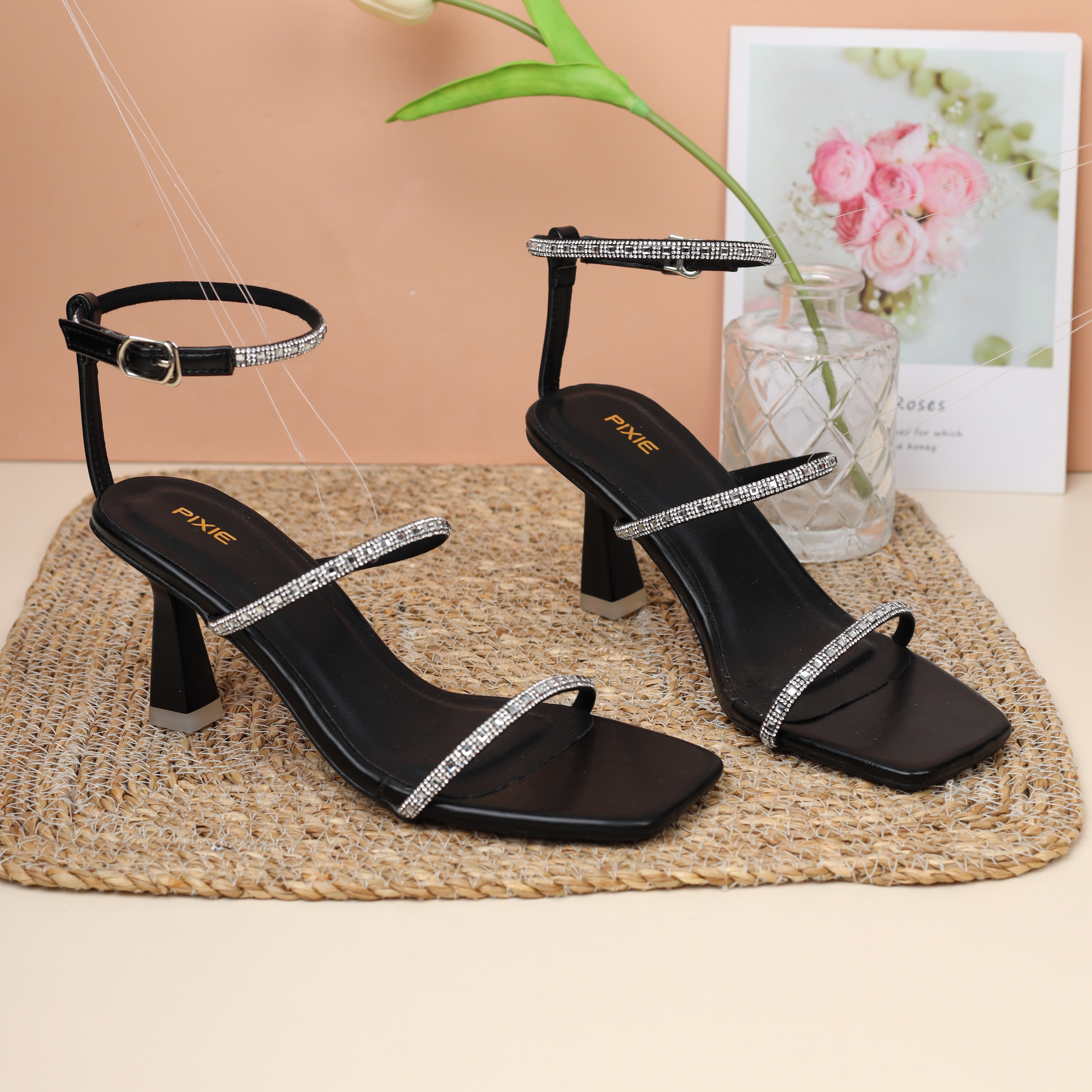 Giày Sandal Kiểu Cao Gót 8cm Hai Quai Đính Đá Pixie H291