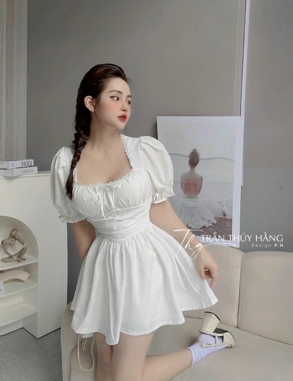 Đầm Xòe Tiểu Thư Bo Eo Tay Phồng Hở Lưng