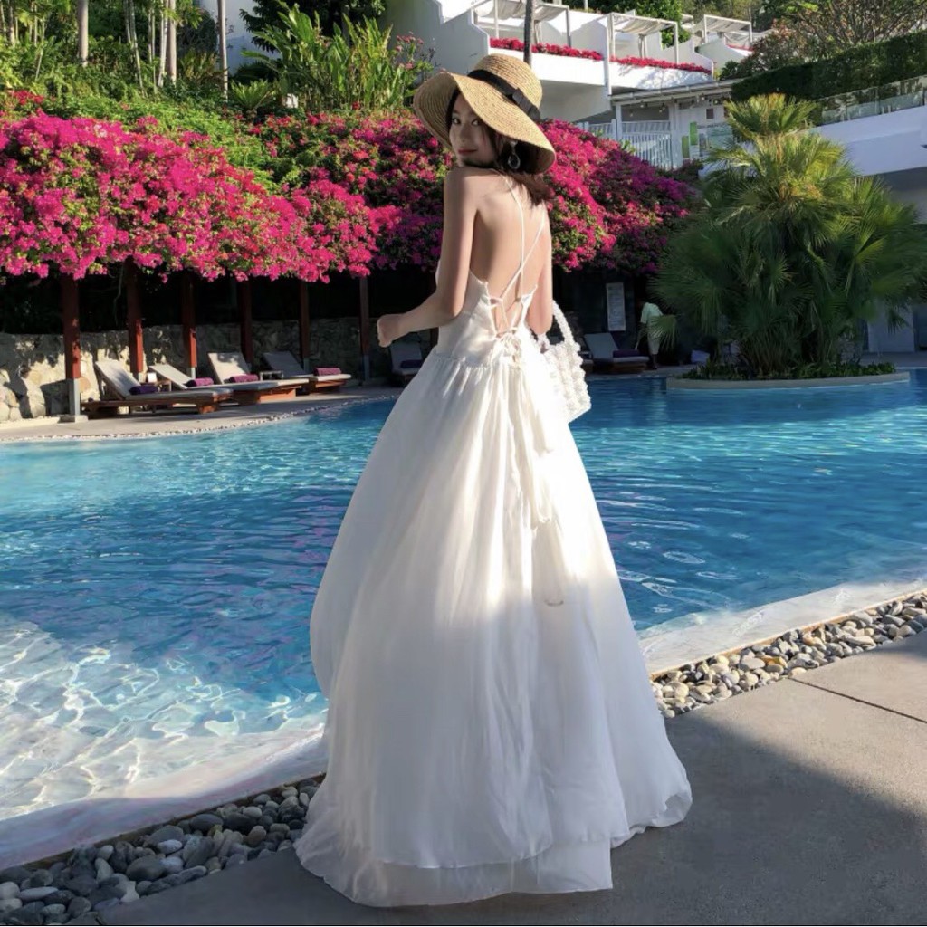 [FreeShip] Đầm maxi đi biển trắng đan lưng
