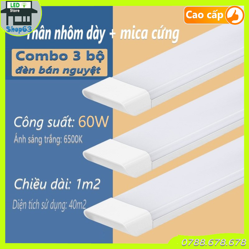 Combo 3 bộ đèn bán nguyệt vuông 60W (đèn tuýp mica 1m2 - thân nhôm cao cấp siêu bền siêu sáng bao sáng nhất thị trường - bảo hành 2 năm)