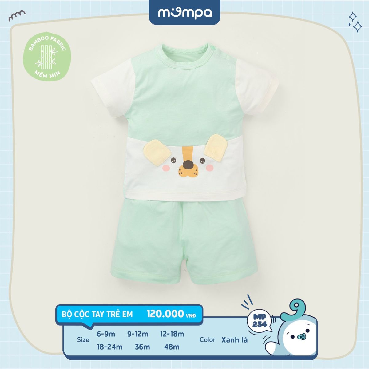 Bộ quần áo cộc tay cho bé Mompa 6 tháng - 4 tuổi cài vai vải sợi tre Bamboo co giãn mềm mại thoáng mát 254