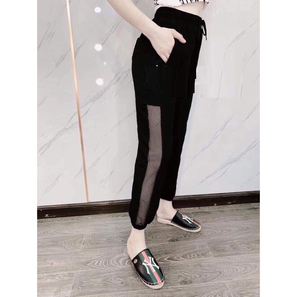 Quần jogger đũi lưới sườn cá tính cho nữ