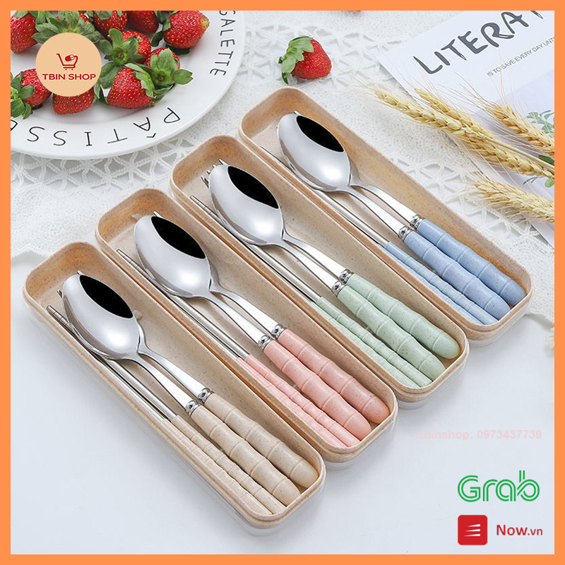 Bộ Thìa Đũa Dĩa Inox Cán Lúa Mạch - Hộp Nhựa Lúa Mạch