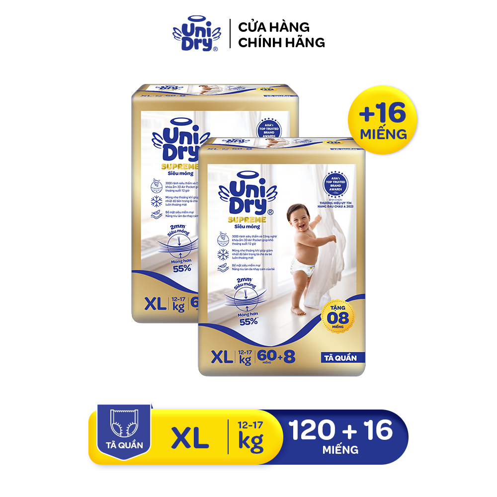 [Siêu mỏng 2mm] Combo 2 tã quần UniDry Supreme size M76/L68/XL60/XXL54 + 8 miếng