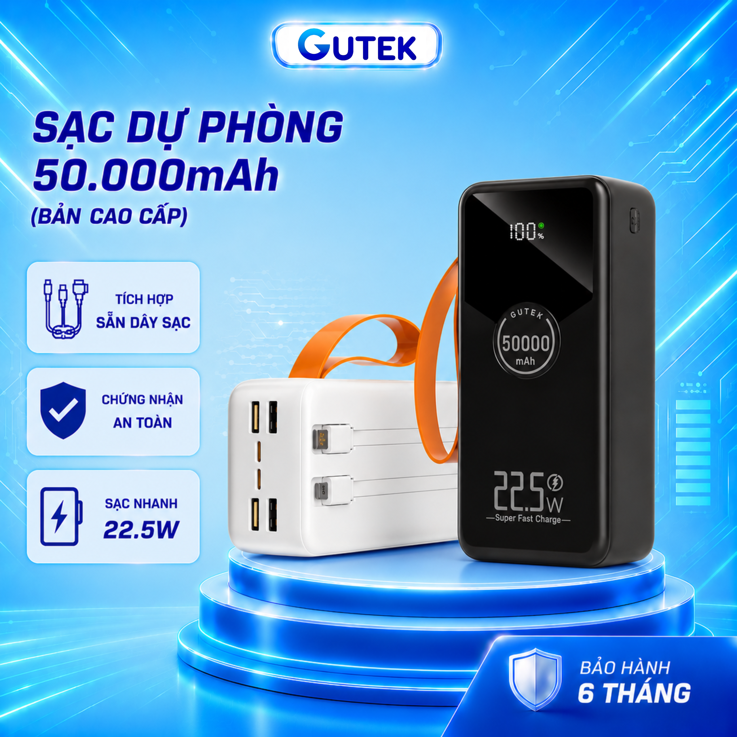 Sạc dự phòng 50000mAh sạc nhanh 22,5W pin dung lượng lớn có dây cắm nhiều điện thoại - Gutek GT230