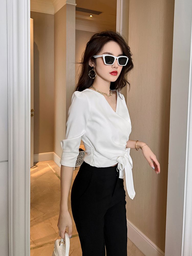 EraVogue áo sơ mi nữ Trắng croptop thắt nơ áo thun nữ áo croptop kiểu nữ  9311 