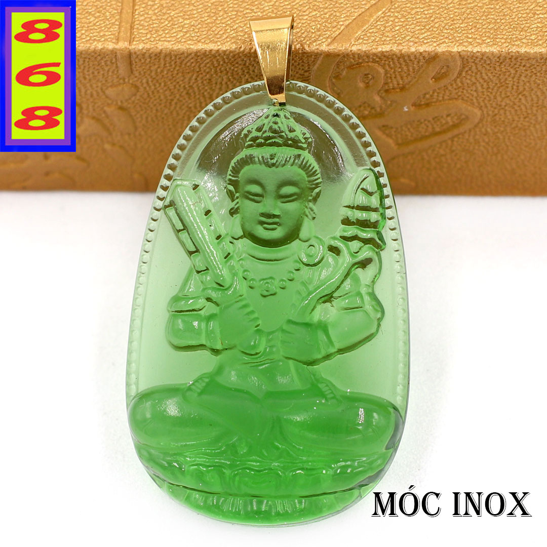 Mặt dây chuyền Hư Không Tạng Bồ Tát pha lê xanh lá 5cm - Phật bản mệnh tuổi Sửu, Dần - Mặt size lớn - Tặng kèm móc inox