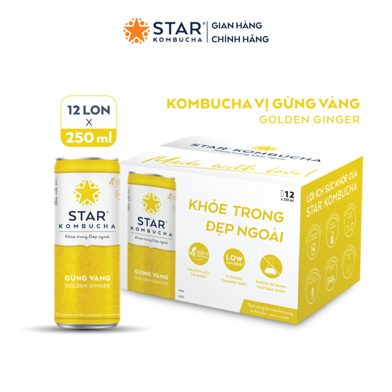 Thùng 12 lon trà STAR KOMBUCHA Gừng Vàng/ Golden Ginger (250ml/lon) - Trà lên men vi sinh chứa probiotics giúp bảo vệ sức khoẻ, thanh lọc toàn diện, tăng đề kháng dùng cho mọi lứa tuổi, Chứng Nhận FDA tiêu chuẩn Mỹ