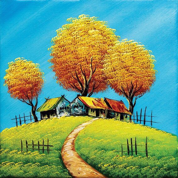 Tranh đồng quê những ngôi nhà trên đồi núi kèm khung tranh trang trí tường