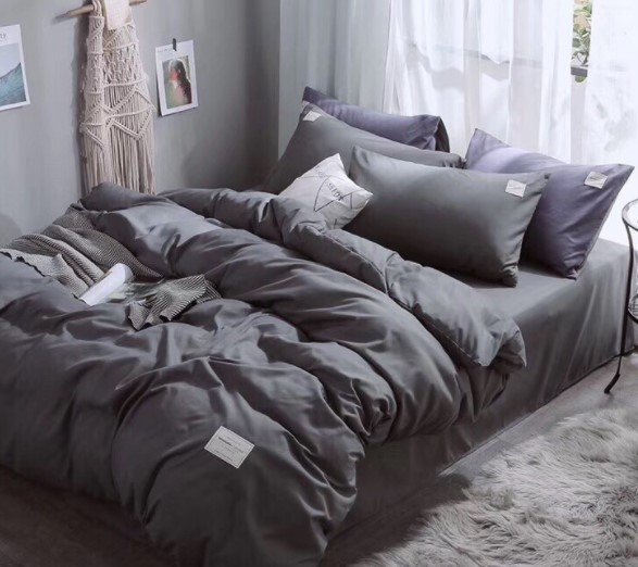 Set 4 món chăn ga gối đũi cotton cao cấp màu xám đen