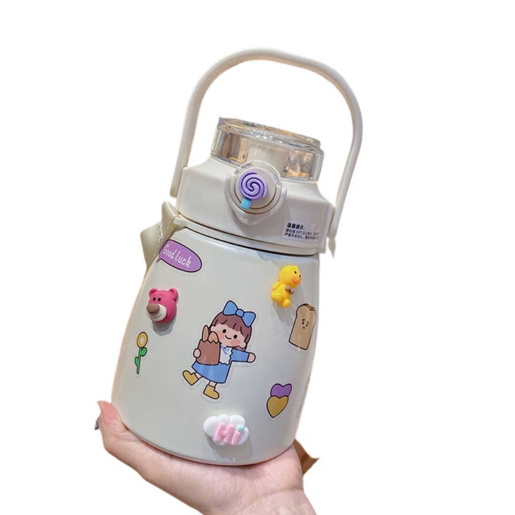 Bình nước giữ nhiệt cute có sticker và ống hút kiểu dáng dễ thương - Bình giữ nhiệt 800ml inox 304 có dây đeo