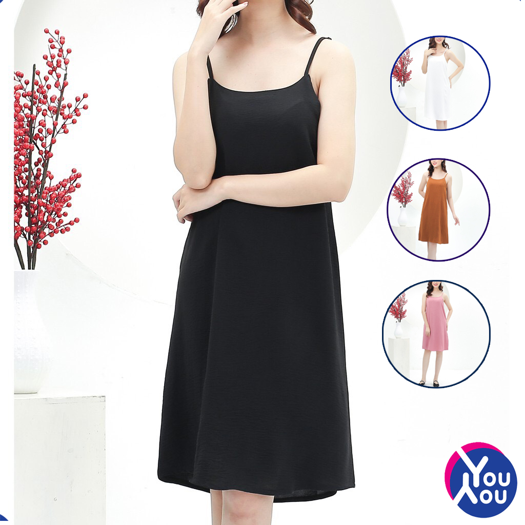 Váy 2 dây, đầm xuông - chất đũi lụa trơn basic nữ YouYou