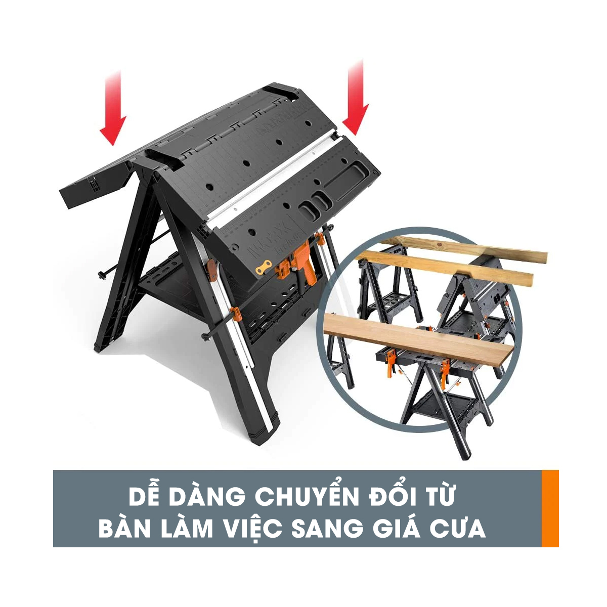 Bàn làm việc đa năng xếp gọn WORX WX051 tải trọng lên đến 450kg, dễ dàng gấp gọn di chuyển, mặt bàn rộng dễ thao tác, có hộp đựng đồ nghề