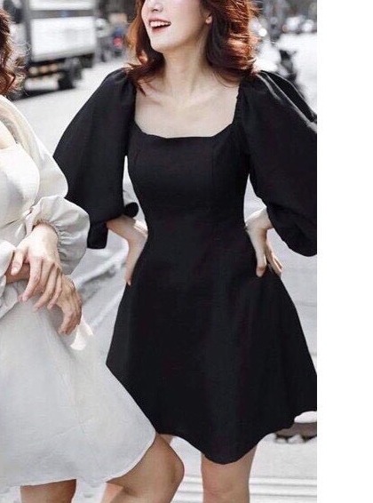 Đầm dáng xòe cổ vuông tay dài sang chảnh