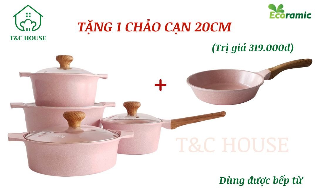 BỘ NỒI CHẢO CHỐNG DÍNH ĐÁY TỪ ECORAMIC CAO CẤP (CHẢO 20CM.QUÁNH 16.NỒI 18.20.22CM)