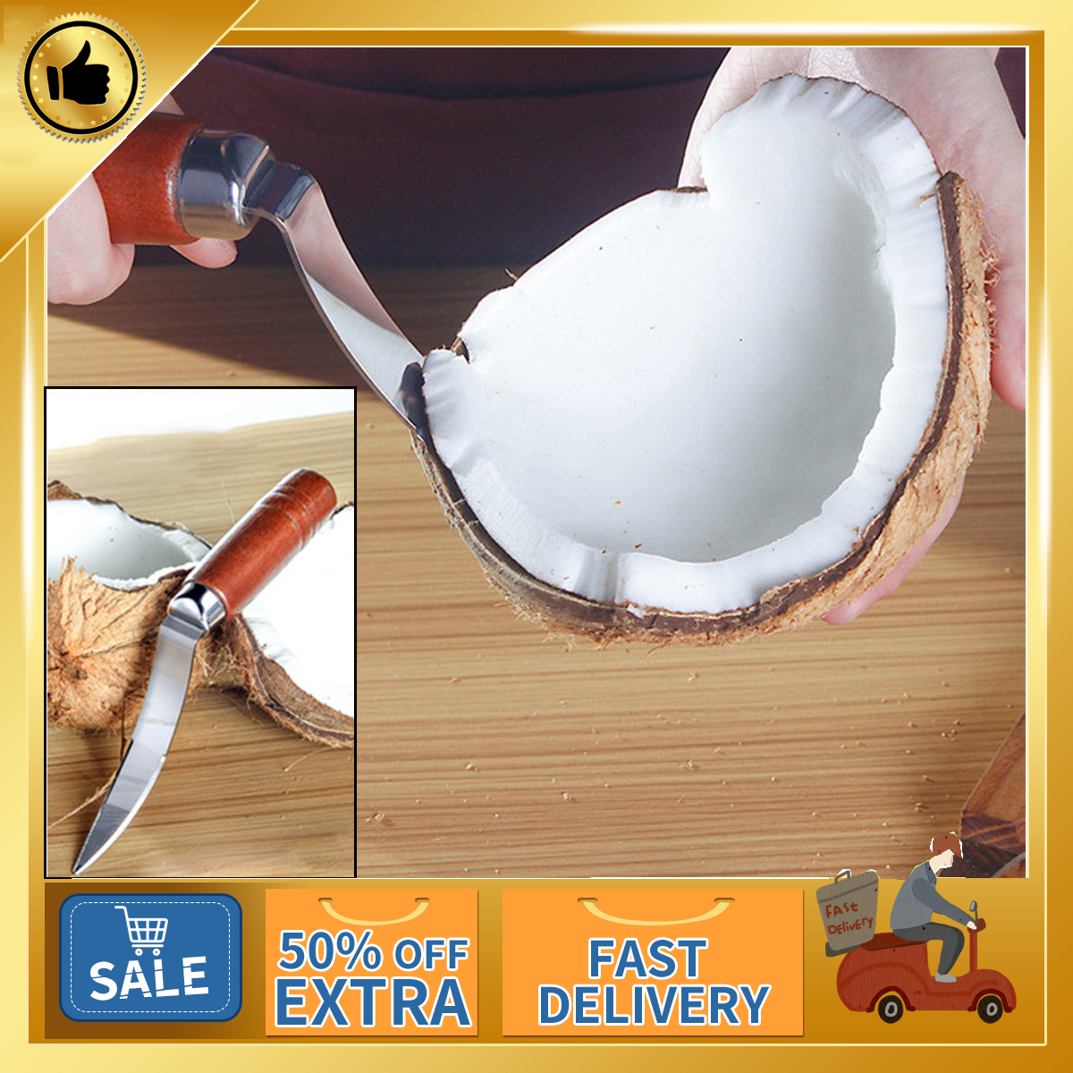 【Beauty丨Diary】 Coconut Tool Stainless Steel Coconut Meat Removal Durable Wooden Handle Coconut Opener for Kitchen Coconut Meat Remover