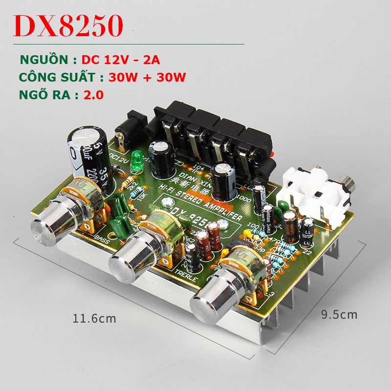 Mạch khuyếch đại công suất BTL 2.0 DX-8250, Nguồn 12V, Công suất 30W + 30W Dùng độ loa kéo, karaoke .v.v...