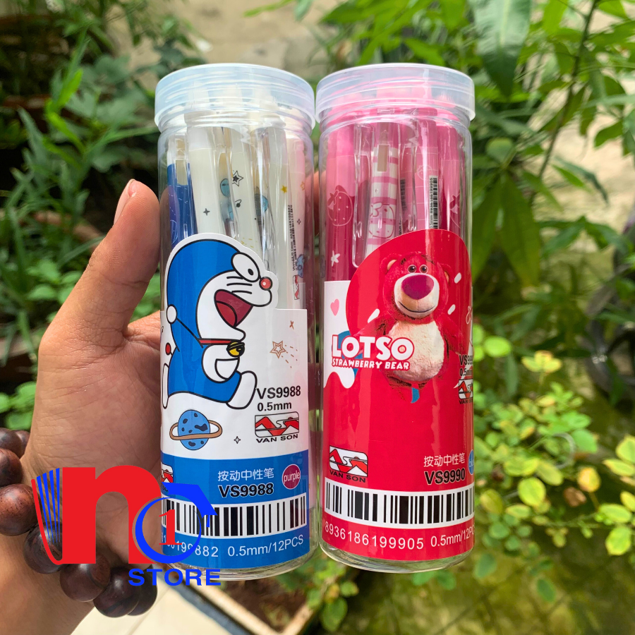 Lon 12 cây bút gel bấm xóa được 0.5mm mực xanh, tím mẫu doraemon, gấu lotso