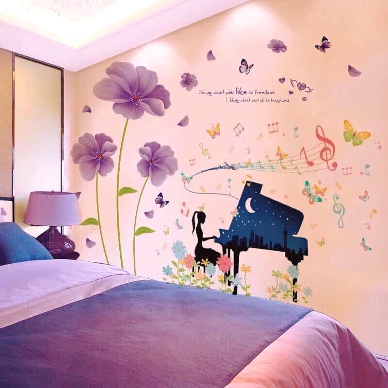 [HCM]DECAL DÁN TƯỜNG HOA 5 CÁNH TÍM VÀ CÔ BÉ ĐÁNH ĐÀN