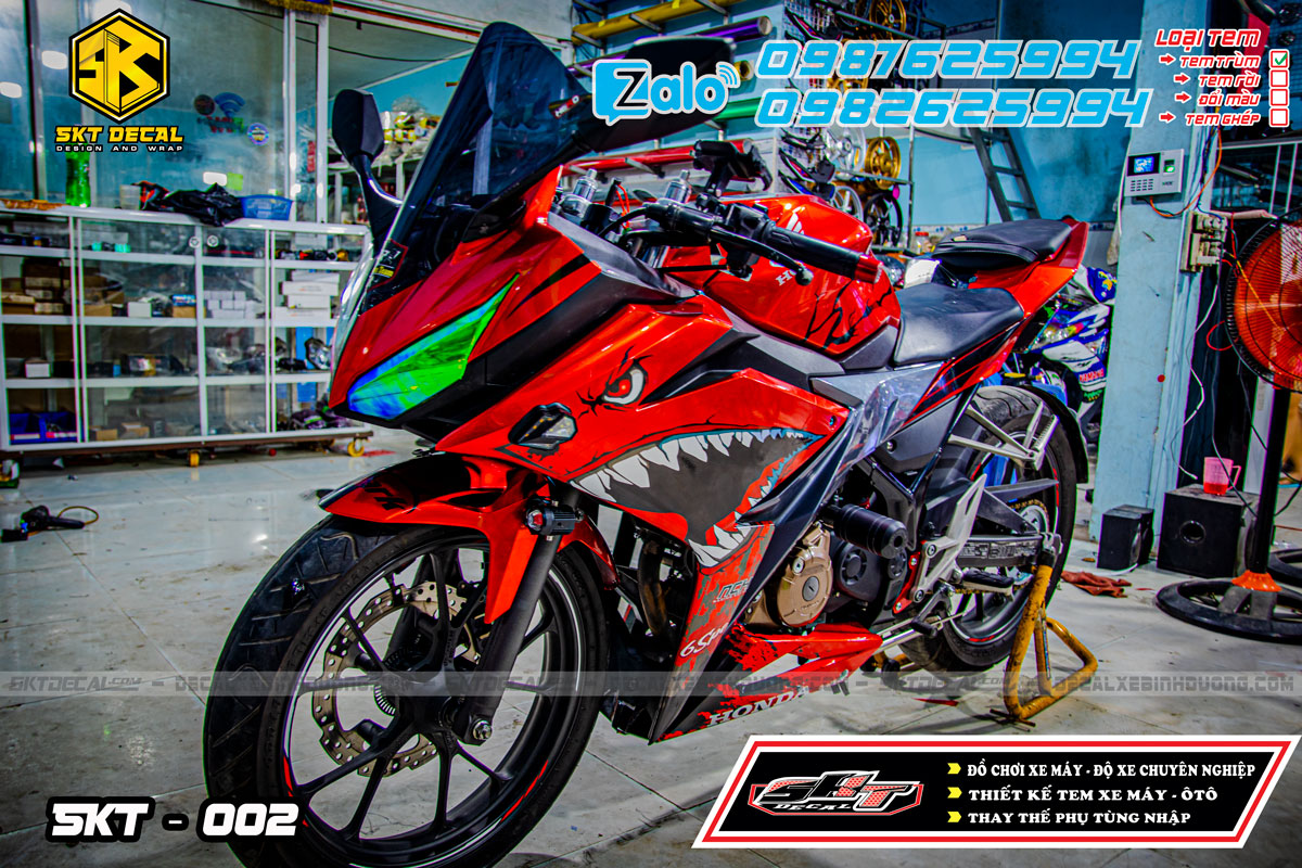 tem trùm xe cbr đỏ đen cá mập
