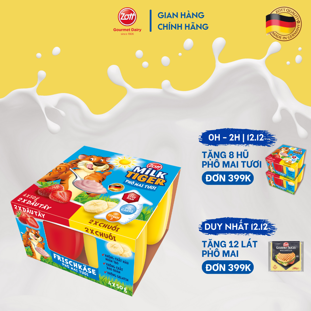 COMBO 6 VỈ Phô mai tươi Zott Milk Tiger vị Dâu - Vani nhập khẩu từ Đức