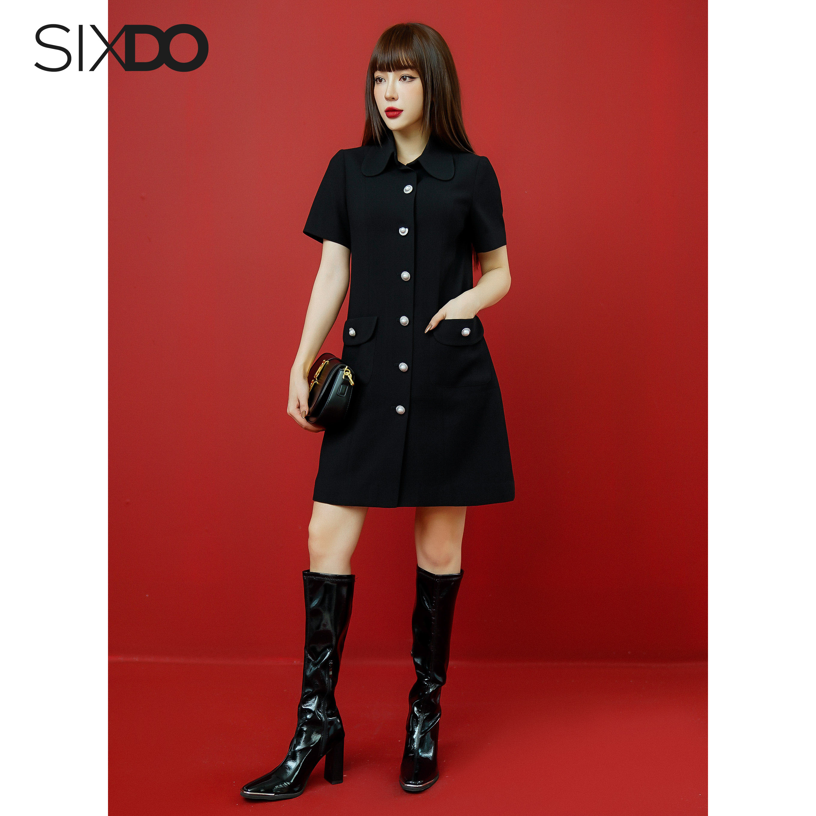 Đầm dệt thoi dáng suông SIXDO (Black Short Sleeves Mini Woven Dress)