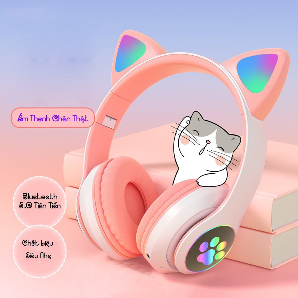 Tai nghe chụp tai bluetooth hình mèo cao cấp dễ thương, xinh xắn, có mic đàm thoại , âm thanh sống động , đèn led nhiều màu sắc , đệm tai không đau bảo hành 24 tháng