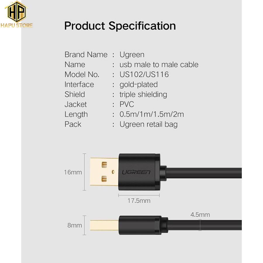 Cáp USB 2.0 hai đầu đực UGgreen 10308 dài 0,5m  - HapuStore