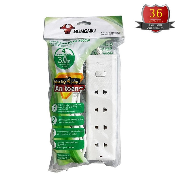 [HCM]Ổ cắm điện Gongniu 3m (4 ổ 2 + 1 công tắc)