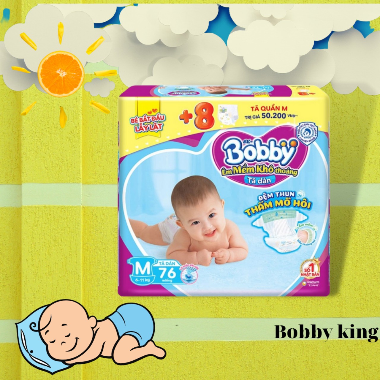 Tã/Bỉm Bobby Dán super Jumbo M76 mới
