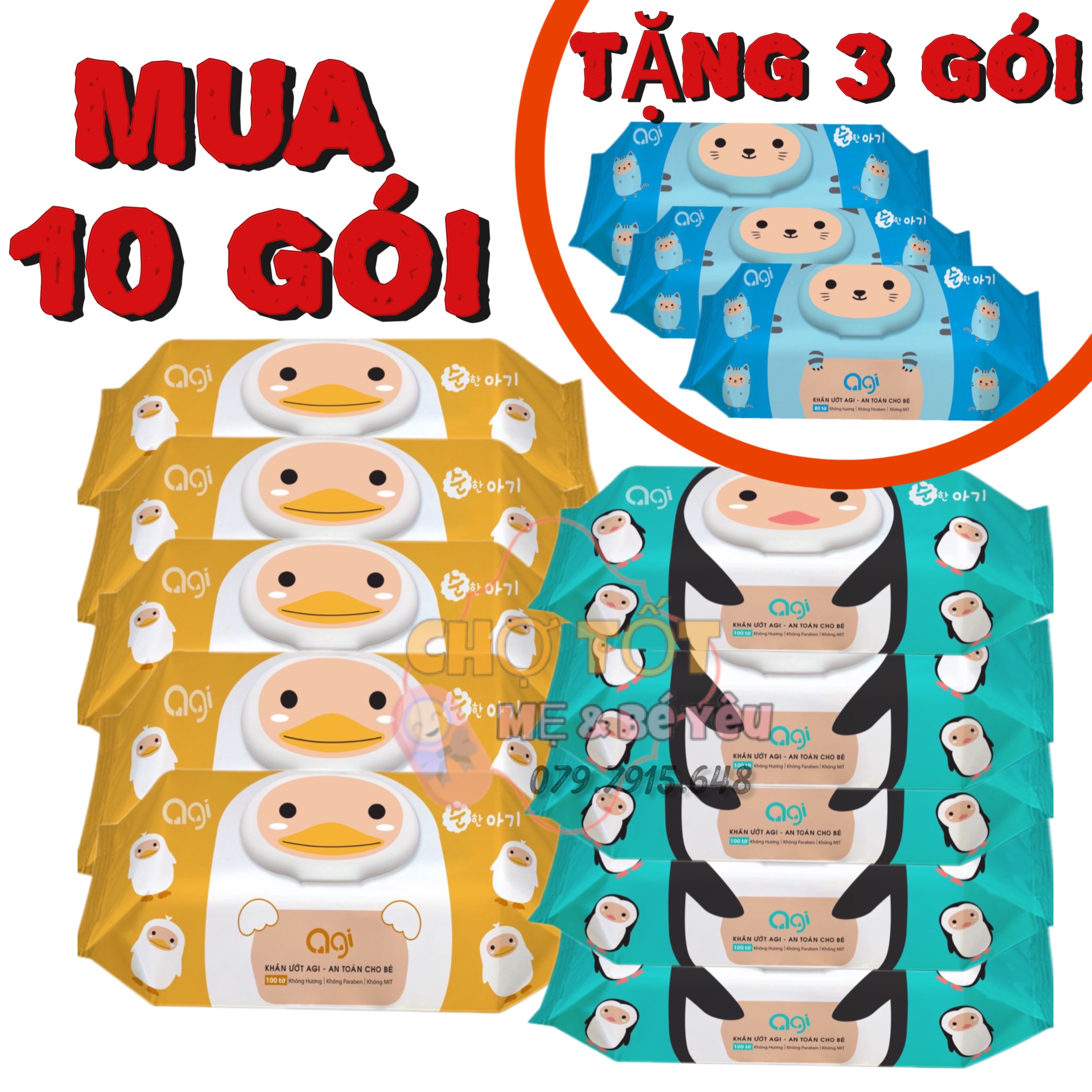 Combo 10 gói khăn ướt agi, khăn giấy ướt không mùi 100 tờ