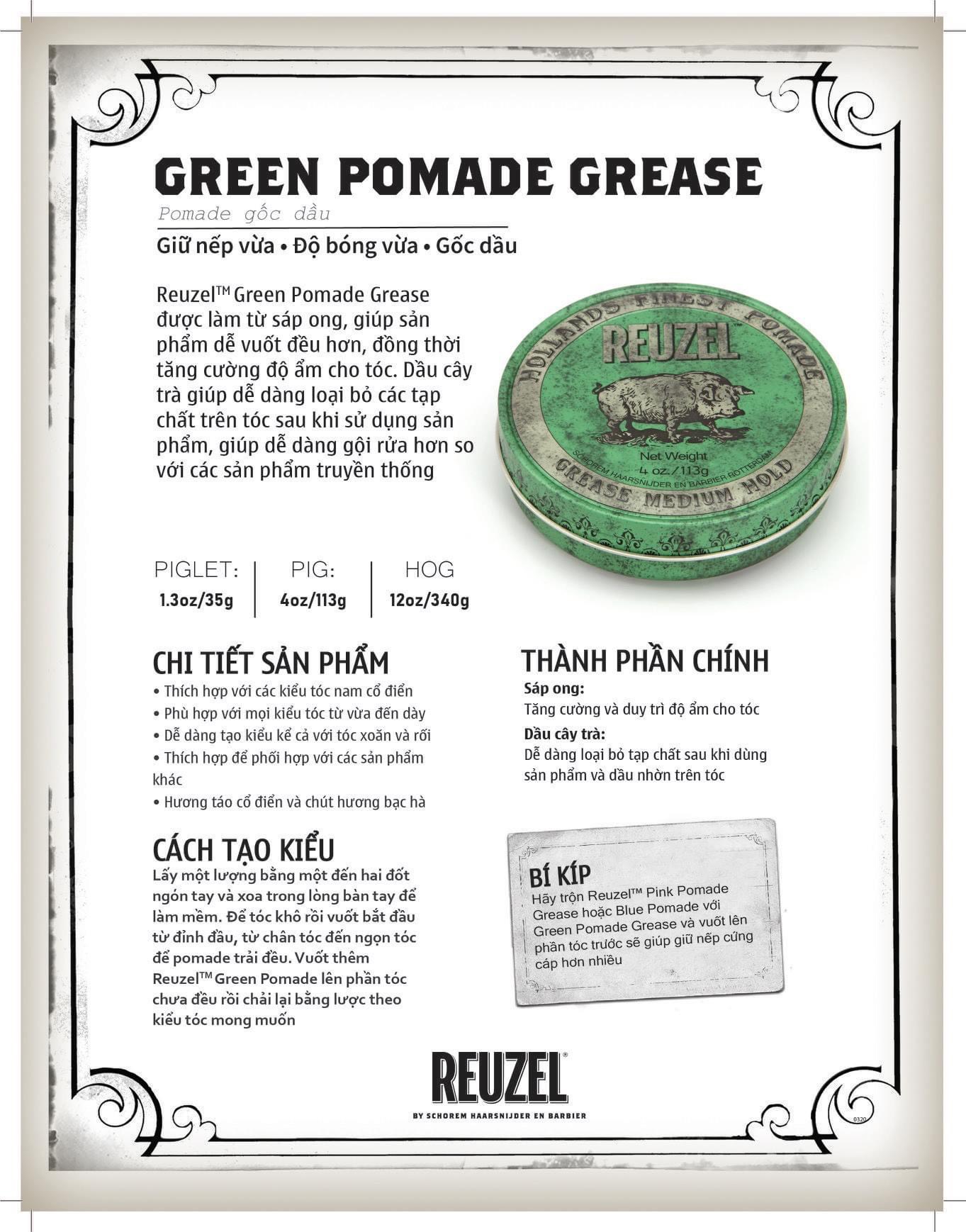 Sáp vuốt tóc REUZEL GREEN POMADE - 113gr