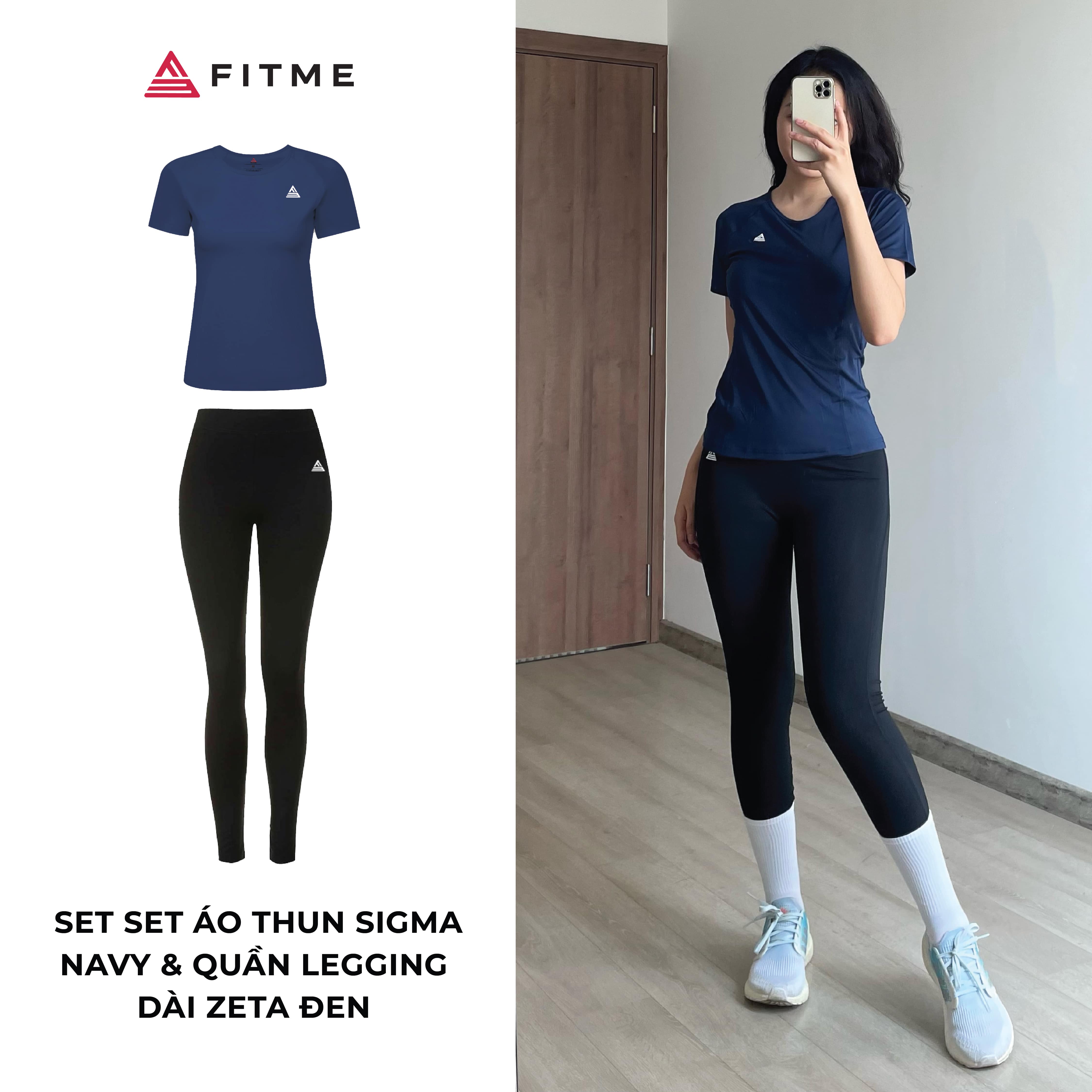 Bộ đồ tập gym nữ Fitme áo thể thao Sigma Xanh Navy, quần legging dài Đen form body cao cấp