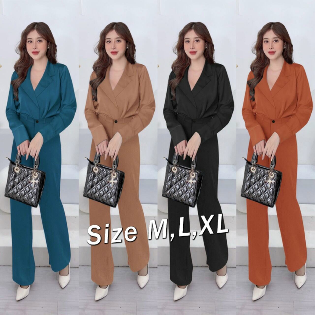 Set nguyên bộ quần dài ống suông áo sơ mi cổ vest xinh xắn