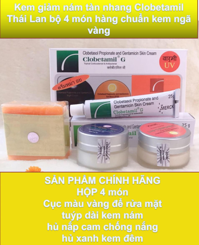 HÀNG CHUẨN Kem giảm nám tàn nhang Clobetamil Thái Lan bộ 4 món hàng chuẩn kem ngả vàng hình mặt trời trên hộp kem to rõ-shop trường auth giá rẻ
