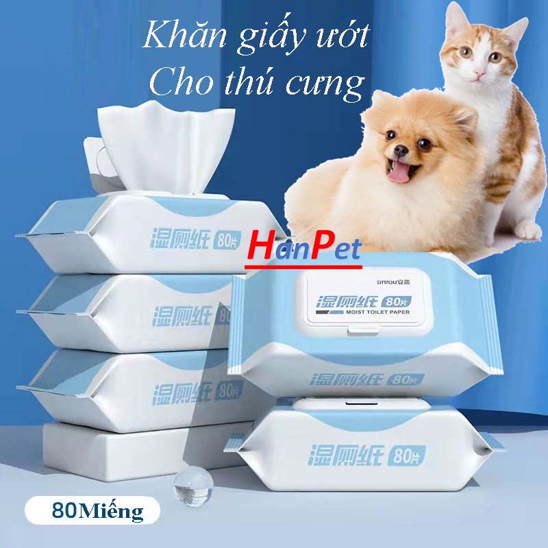 Khăn Giấy Ướt Kháng Khuẩn, Tắm Khô Cho Chó mèo 80 miếng