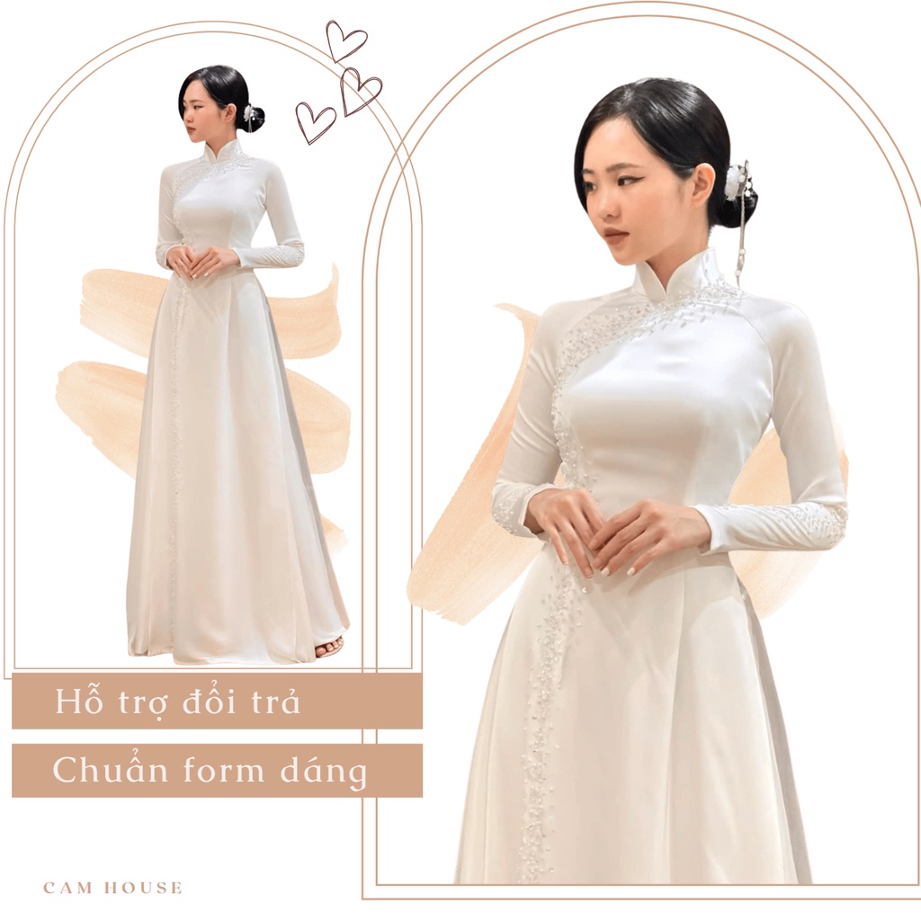 Áo dài cưới trắng 4 tà [CAMHOUSE] chất liệu lụa tủa phale 1 bên sườn