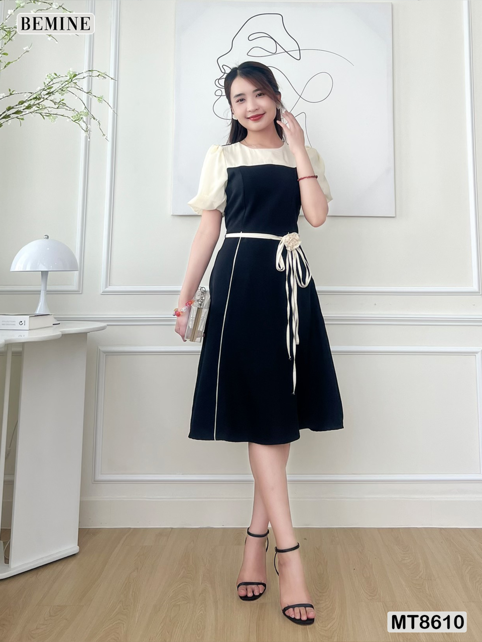 Đầm thiết kế phối tay phồng đính nơ eo BEMINE MT8610