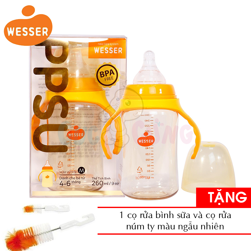 Bình sữa Wesser cổ rộng nhựa PPSU 260ml ( phiên bản mới) Tặng 1 cọ rửa bình sữa