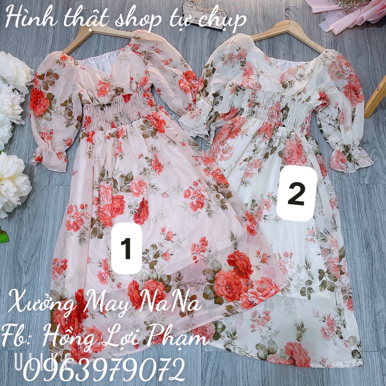 Đầm maxi tay phồng nhún ngực