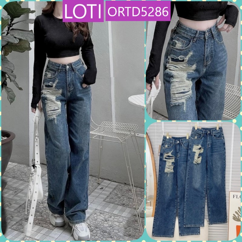 QUẦN JEANS ỐNG RỘNG NỮ LƯNG CAO RÁCH 1 MẢNG TÚI ĐÙI PHẢI CAO MÀU XANH ĐẬM LAI CUỐN XỊN XÒ MỀM MỊN PHÁ CÁCH HOT HIT CAO CẤP LOTI