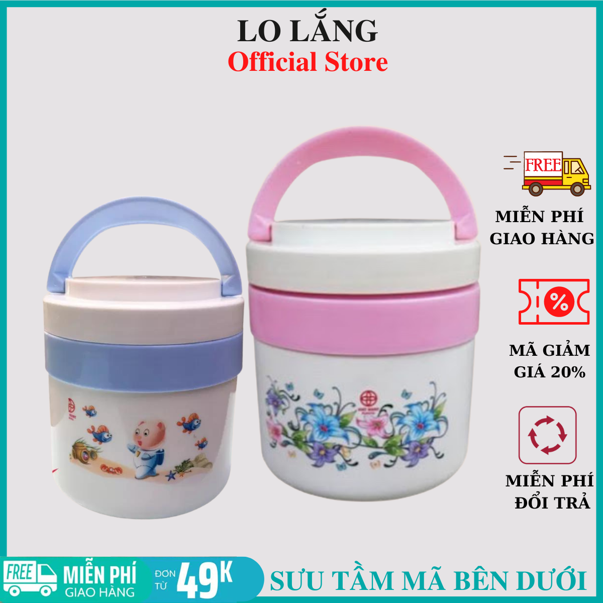 Hộp đựng cơm giữ nhiệt 2 ngăn ruột inox dung tích 1300ml nắp đậy kín và có quai xách hàng việt nam cao cấp
