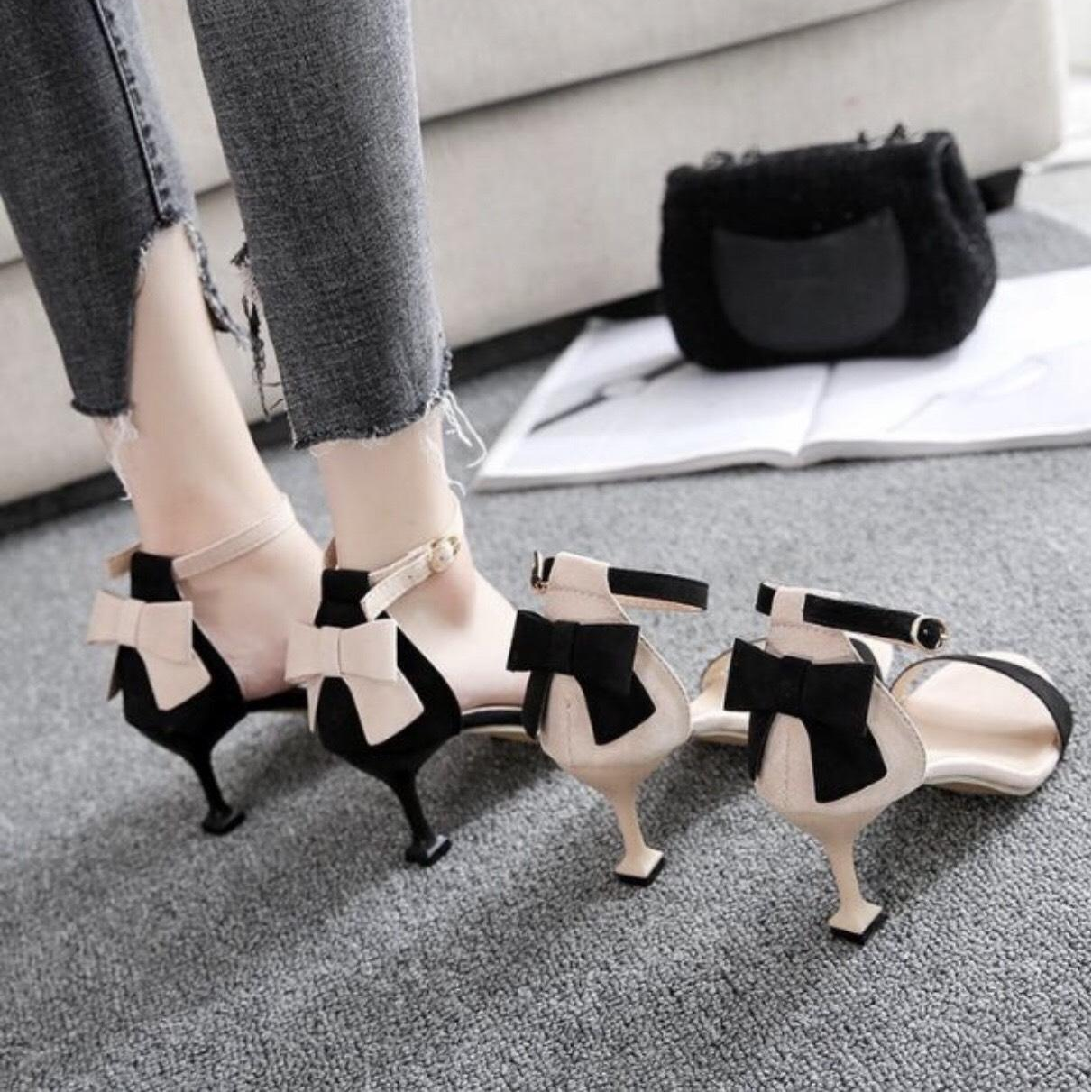 Giày Cao Gót 7p Quai Mãnh Gót Gắn Nơ ST